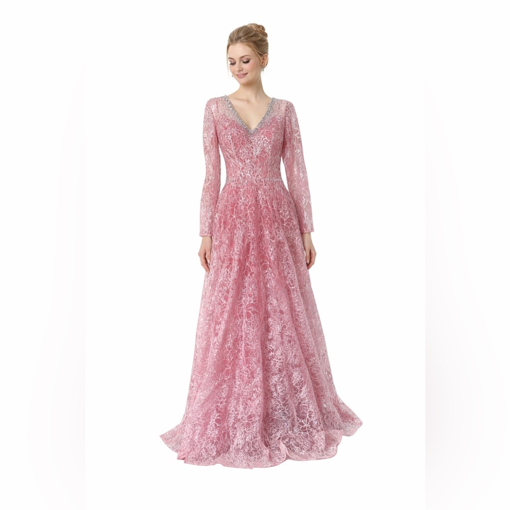NWT Mac Duggal 20367 Crystal Embellished Long Sleeve V Neck Dress Pink Size 2